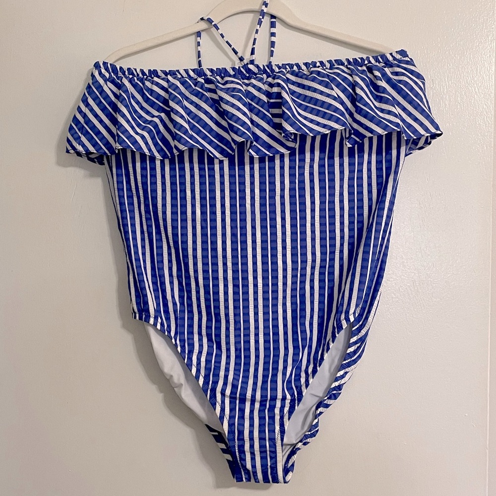 NWT JCrew Ruffle Bandeau Striped One Piece Swimsuit